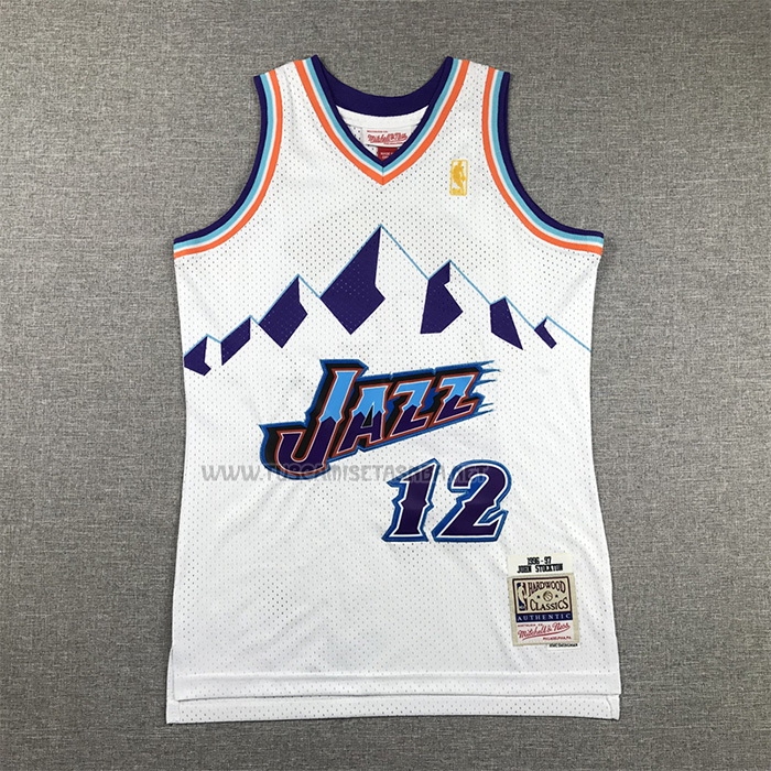 Camiseta John Stockton NO 12 Nino Utah Jazz Hardwood Classics Throwback 1996-97 Blanco